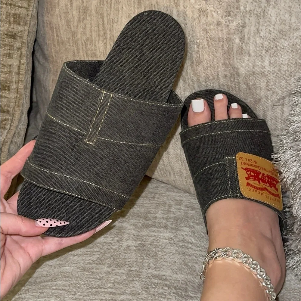 Black Denim Slide Sandals sizes 7, 8, 10 - Picture 2 of 3